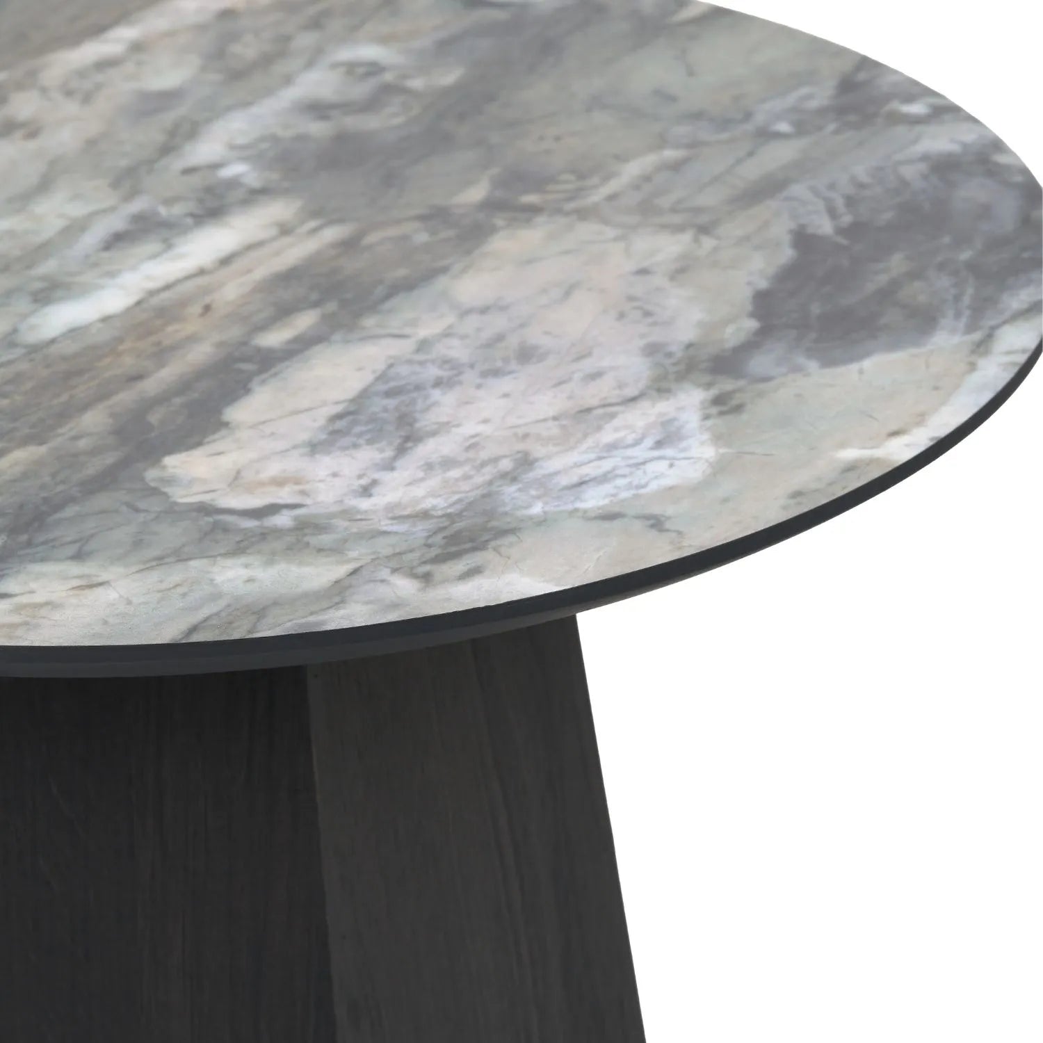 Grey Marble Effect Round Side Table with Stone Veneer Top & Dark Brown Pedestal Base – Contemporary Decorative Accent Table 55x50x50cm with faceted pedestal base and marble-effect stone veneer top in grey, charcoal and cream veining | Click Style