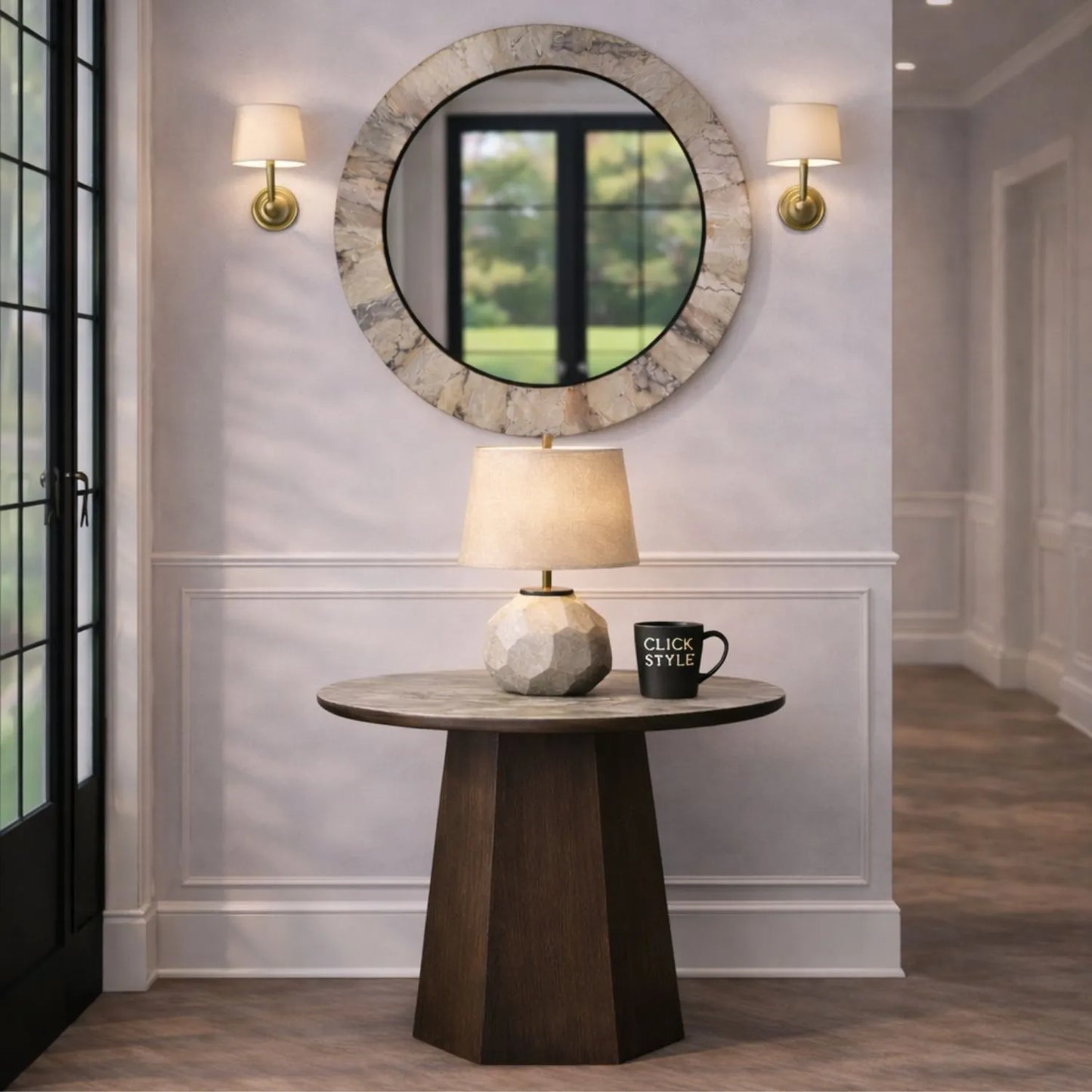 Grey Marble Effect Round Side Table with Stone Veneer Top & Dark Brown Pedestal Base – Contemporary Decorative Accent Table 55x50x50cm with faceted pedestal base and marble-effect stone veneer top in grey, charcoal and cream veining | Click Style