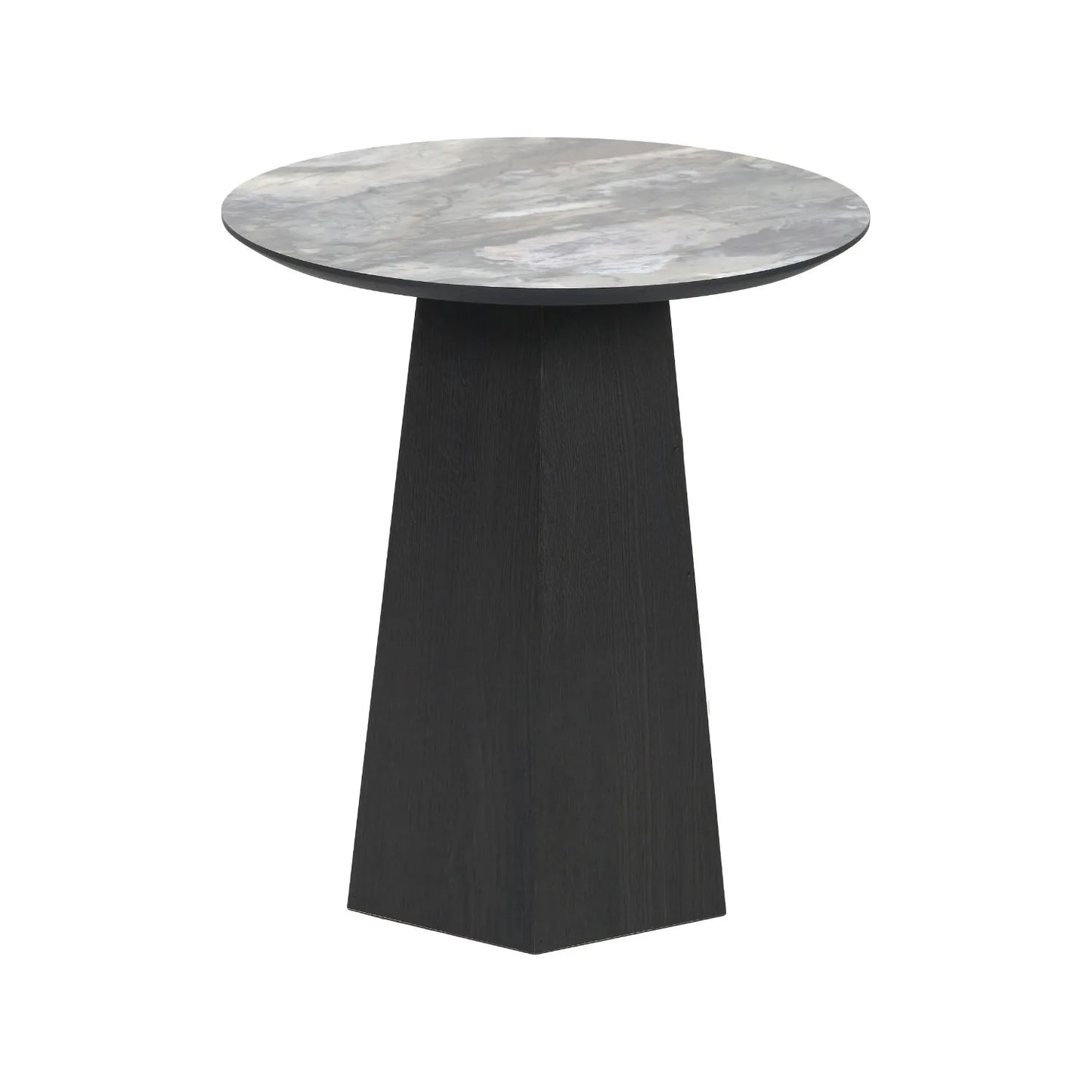 Grey Marble Effect Round Side Table with Stone Veneer Top & Dark Brown Pedestal Base – Contemporary Decorative Accent Table 55x50x50cm with faceted pedestal base and marble-effect stone veneer top in grey, charcoal and cream veining | Click Style
