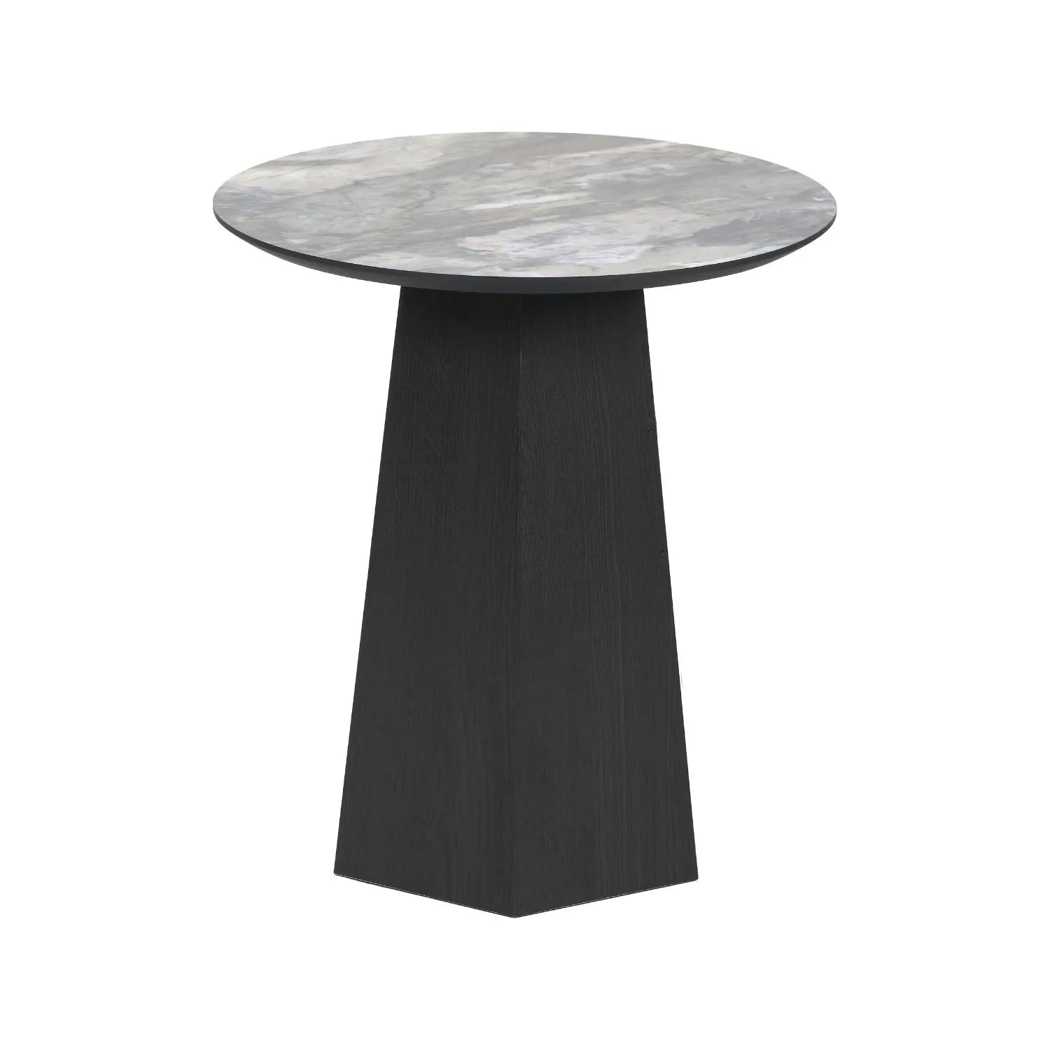 Grey Marble Effect Round Side Table with Stone Veneer Top & Dark Brown Pedestal Base – Contemporary Decorative Accent Table 55x50x50cm with faceted pedestal base and marble-effect stone veneer top in grey, charcoal and cream veining | Click Style