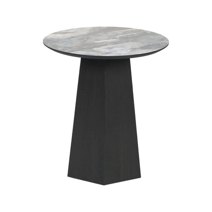 Grey Marble Effect Round Side Table with Stone Veneer Top & Dark Brown Pedestal Base – Contemporary Decorative Accent Table 55x50x50cm with faceted pedestal base and marble-effect stone veneer top in grey, charcoal and cream veining | Click Style