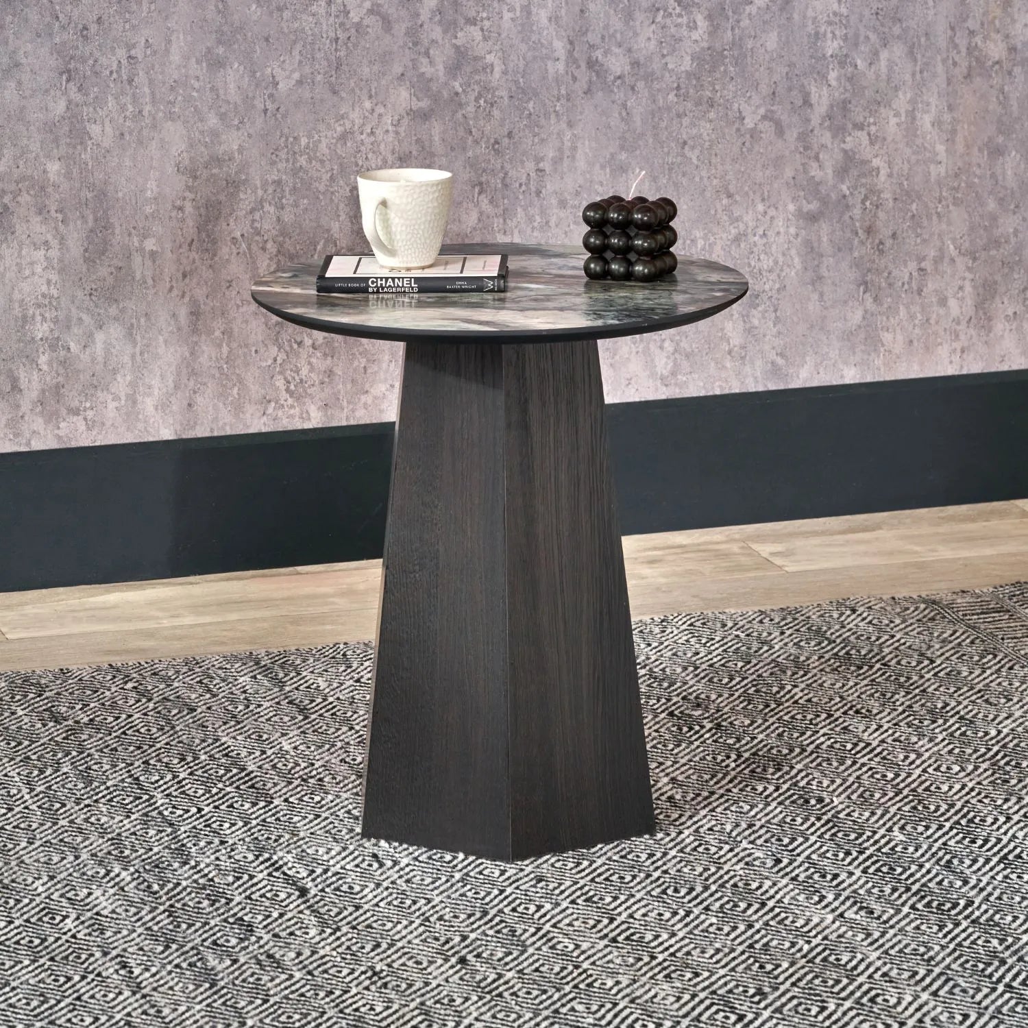 Grey Marble Effect Round Side Table with Stone Veneer Top & Dark Brown Pedestal Base – Contemporary Decorative Accent Table 55x50x50cm with faceted pedestal base and marble-effect stone veneer top in grey, charcoal and cream veining | Click Style