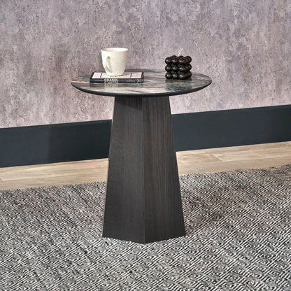 Grey Marble Effect Round Side Table with Stone Veneer Top & Dark Brown Pedestal Base – Contemporary Decorative Accent Table 55x50x50cm with faceted pedestal base and marble-effect stone veneer top in grey, charcoal and cream veining | Click Style