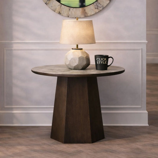 Grey Marble Effect Round Side Table with Stone Veneer Top & Dark Brown Pedestal Base – Contemporary Decorative Accent Table 55x50x50cm with faceted pedestal base and marble-effect stone veneer top in grey, charcoal and cream veining | Click Style