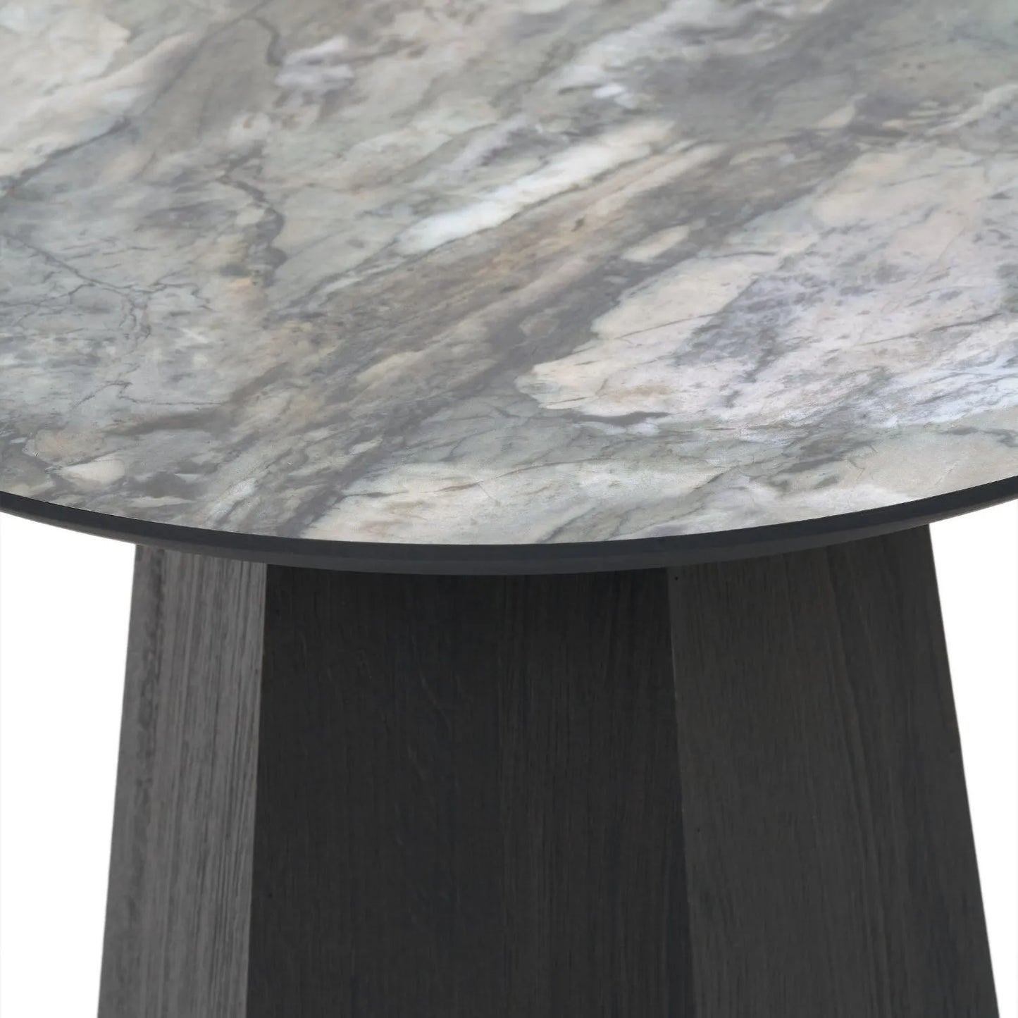 Grey Marble Effect Round Side Table with Stone Veneer Top & Dark Brown Pedestal Base – Contemporary Decorative Accent Table 55x50x50cm with faceted pedestal base and marble-effect stone veneer top in grey, charcoal and cream veining | Click Style