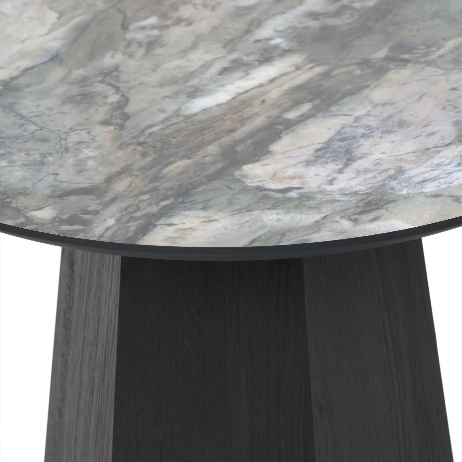 Grey Marble Effect Round Side Table with Stone Veneer Top & Dark Brown Pedestal Base – Contemporary Decorative Accent Table 55x50x50cm with faceted pedestal base and marble-effect stone veneer top in grey, charcoal and cream veining | Click Style