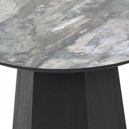 Grey Marble Effect Round Side Table with Stone Veneer Top & Dark Brown Pedestal Base – Contemporary Decorative Accent Table 55x50x50cm with faceted pedestal base and marble-effect stone veneer top in grey, charcoal and cream veining | Click Style
