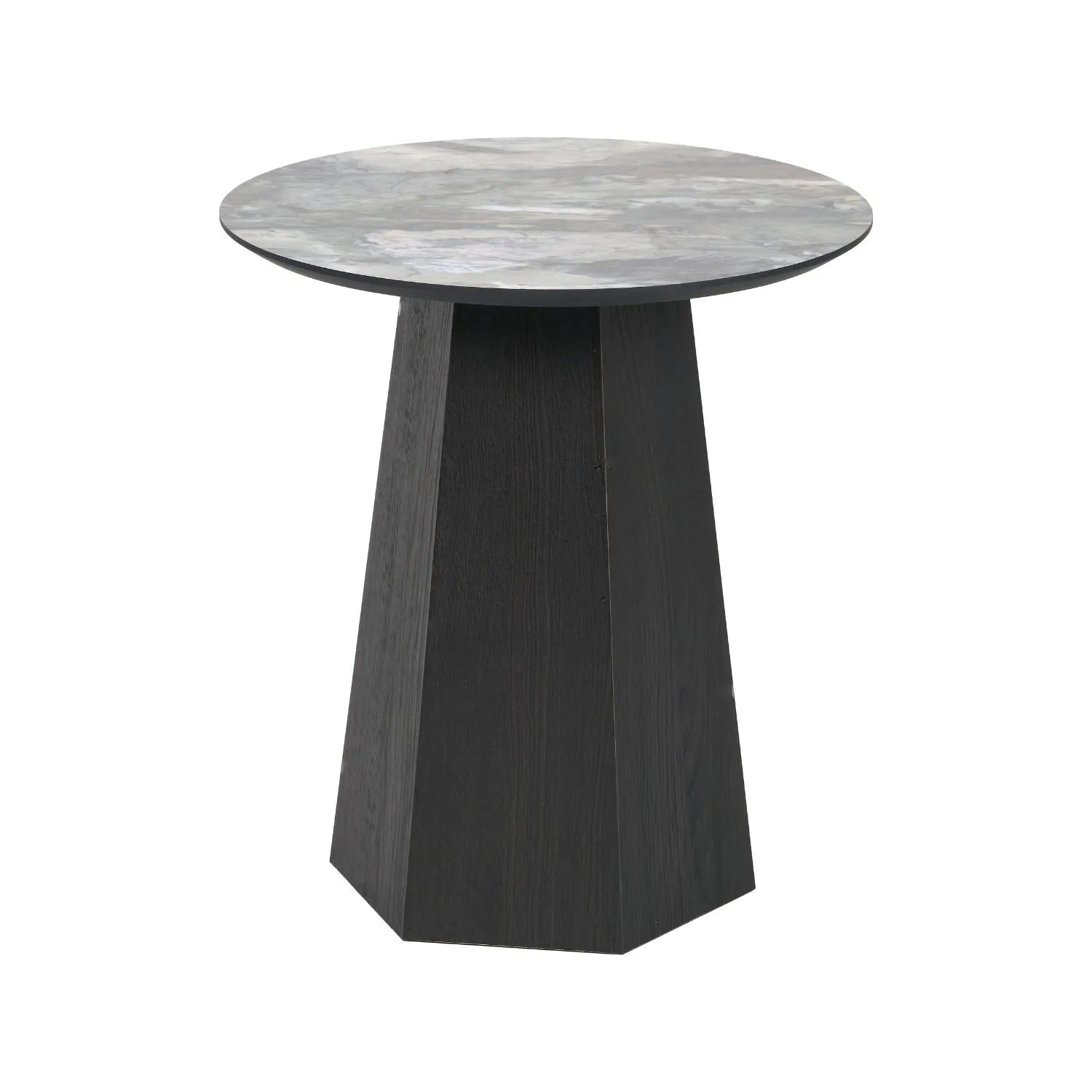Grey Marble Effect Round Side Table with Stone Veneer Top & Dark Brown Pedestal Base – Contemporary Decorative Accent Table 55x50x50cm with faceted pedestal base and marble-effect stone veneer top in grey, charcoal and cream veining | Click Style