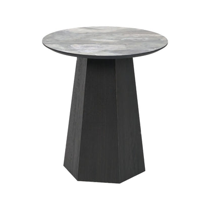 Grey Marble Effect Round Side Table with Stone Veneer Top & Dark Brown Pedestal Base – Contemporary Decorative Accent Table 55x50x50cm with faceted pedestal base and marble-effect stone veneer top in grey, charcoal and cream veining | Click Style
