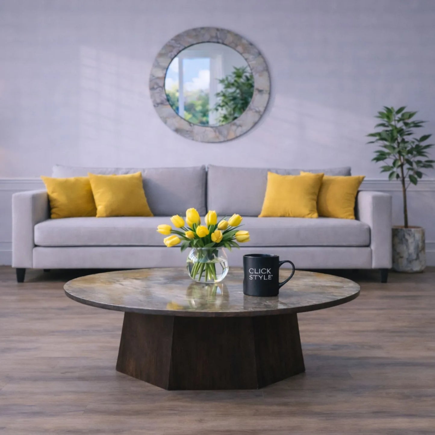 Grey Marble Effect Round Side Table with Stone Veneer Top & Dark Brown Pedestal Base – Contemporary Decorative Accent Table 55x50x50cm with faceted pedestal base and marble-effect stone veneer top in grey, charcoal and cream veining | Click Style