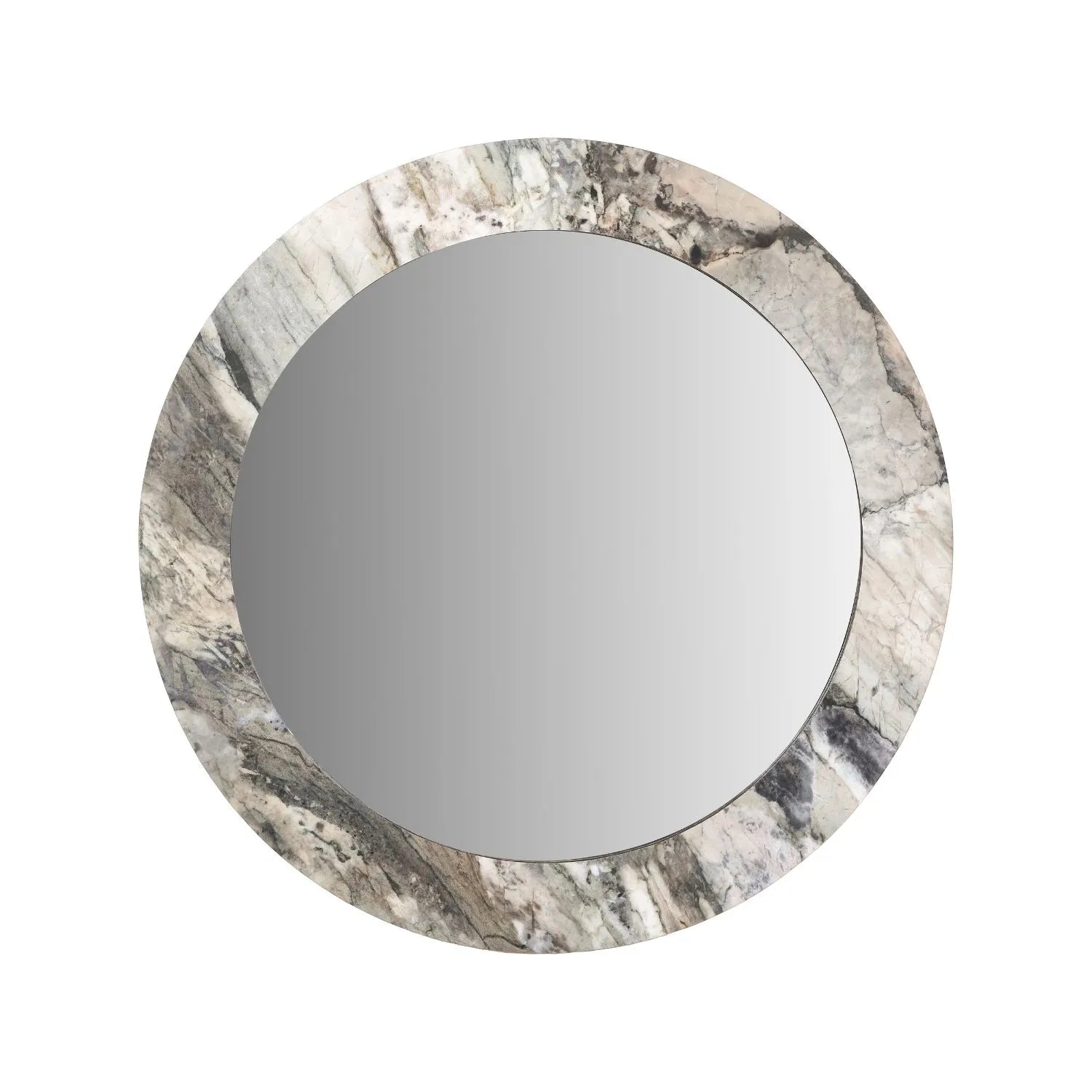 Grey Marble Effect Round Wall Mirror with Stone Veneer Frame – Contemporary Decorative Mirror Ø80xD2cm round mirror with wide marble-effect stone veneer frame in grey, charcoal and cream veining | Click Style
