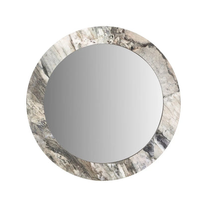 Grey Marble Effect Round Wall Mirror with Stone Veneer Frame – Contemporary Decorative Mirror Ø80xD2cm round mirror with wide marble-effect stone veneer frame in grey, charcoal and cream veining | Click Style