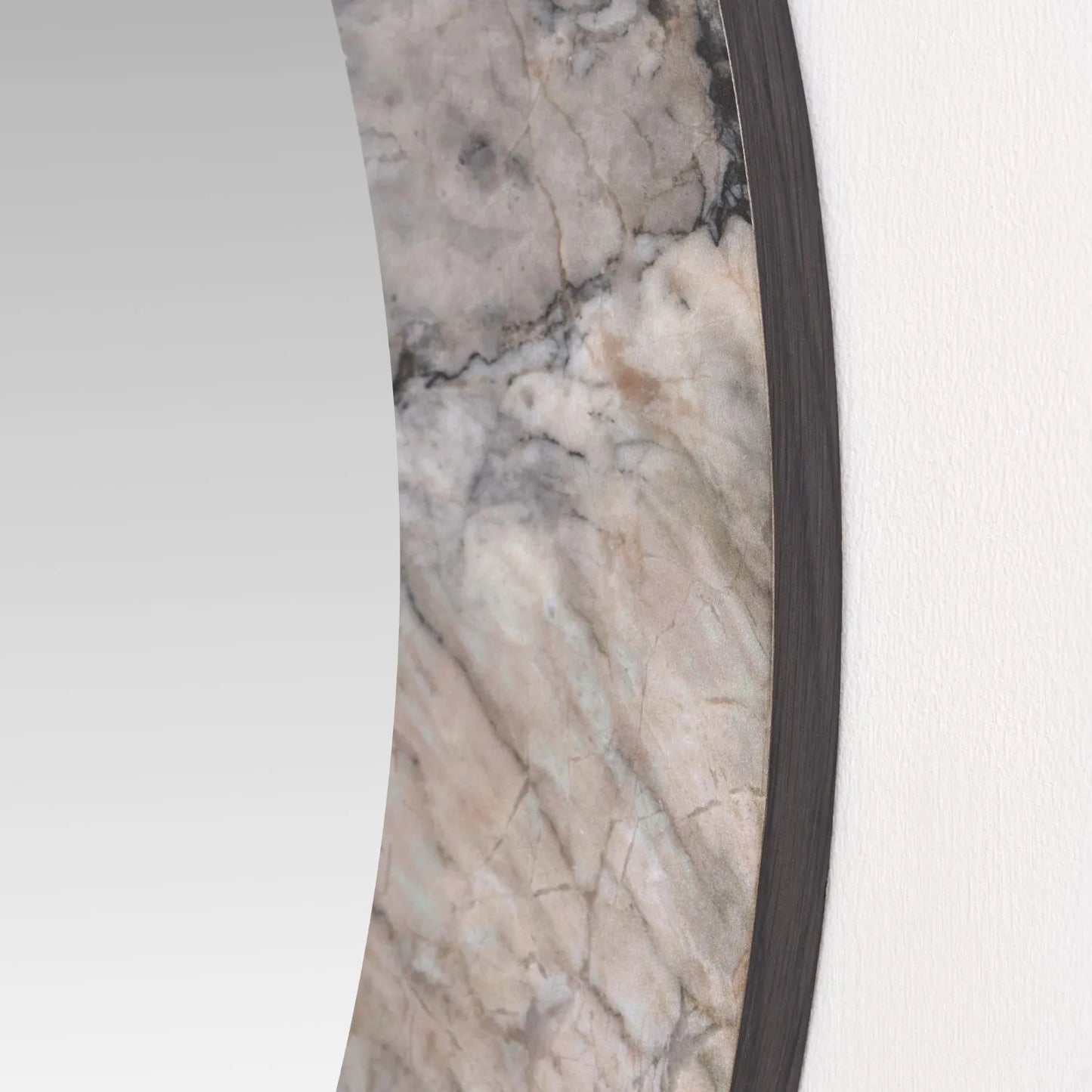 Grey Marble Effect Round Wall Mirror with Stone Veneer Frame – Contemporary Decorative Mirror Ø80xD2cm round mirror with wide marble-effect stone veneer frame in grey, charcoal and cream veining | Click Style