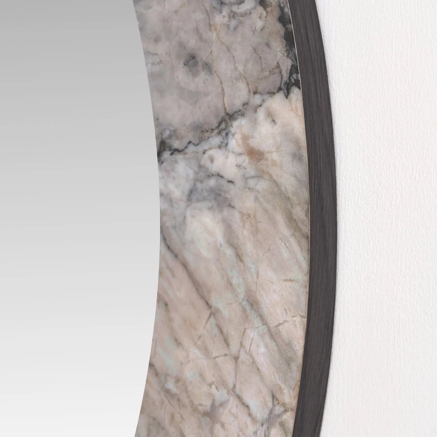Grey Marble Effect Round Wall Mirror with Stone Veneer Frame – Contemporary Decorative Mirror Ø80xD2cm round mirror with wide marble-effect stone veneer frame in grey, charcoal and cream veining | Click Style