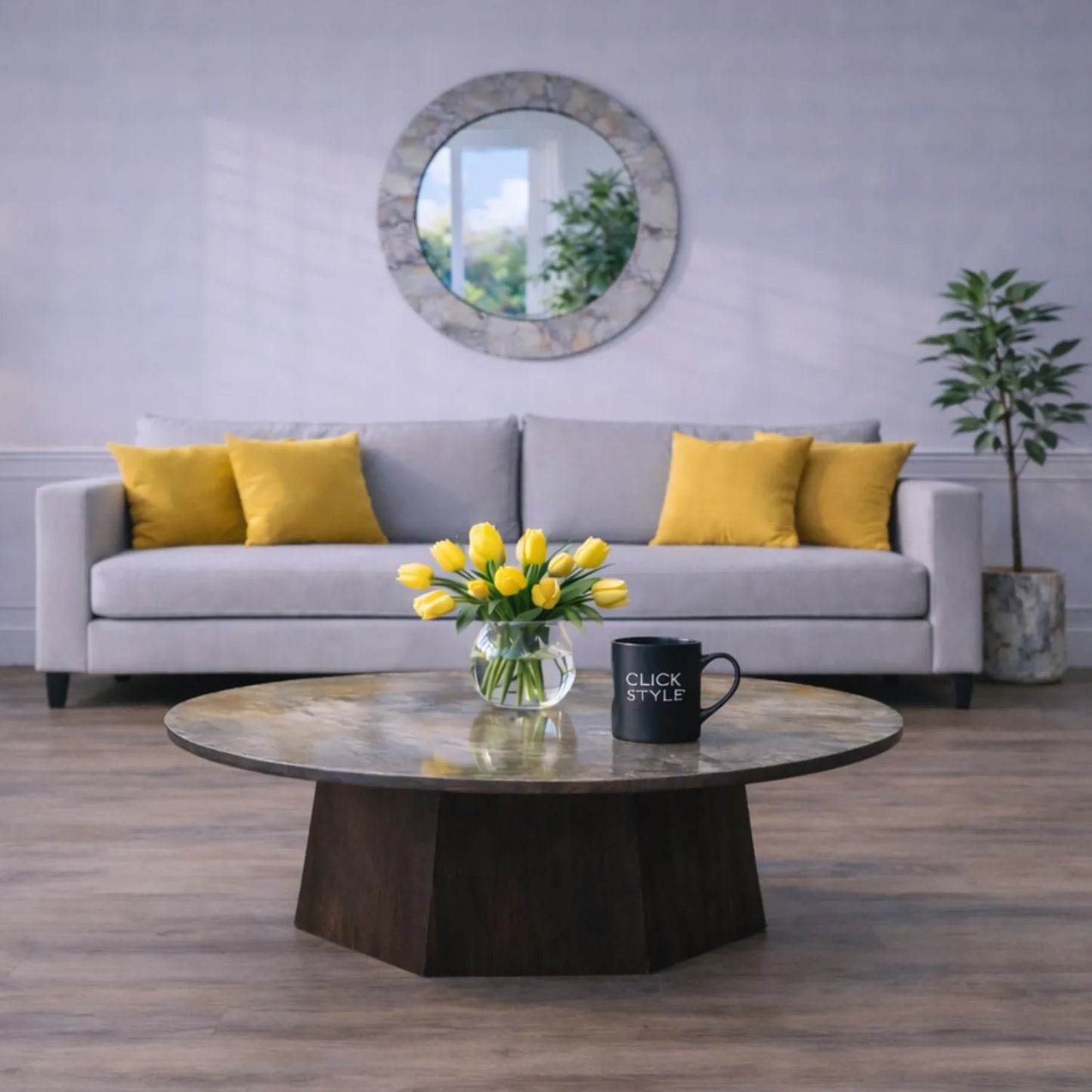 Grey Marble Effect Round Wall Mirror with Stone Veneer Frame – Contemporary Decorative Mirror Ø80xD2cm round mirror with wide marble-effect stone veneer frame in grey, charcoal and cream veining | Click Style