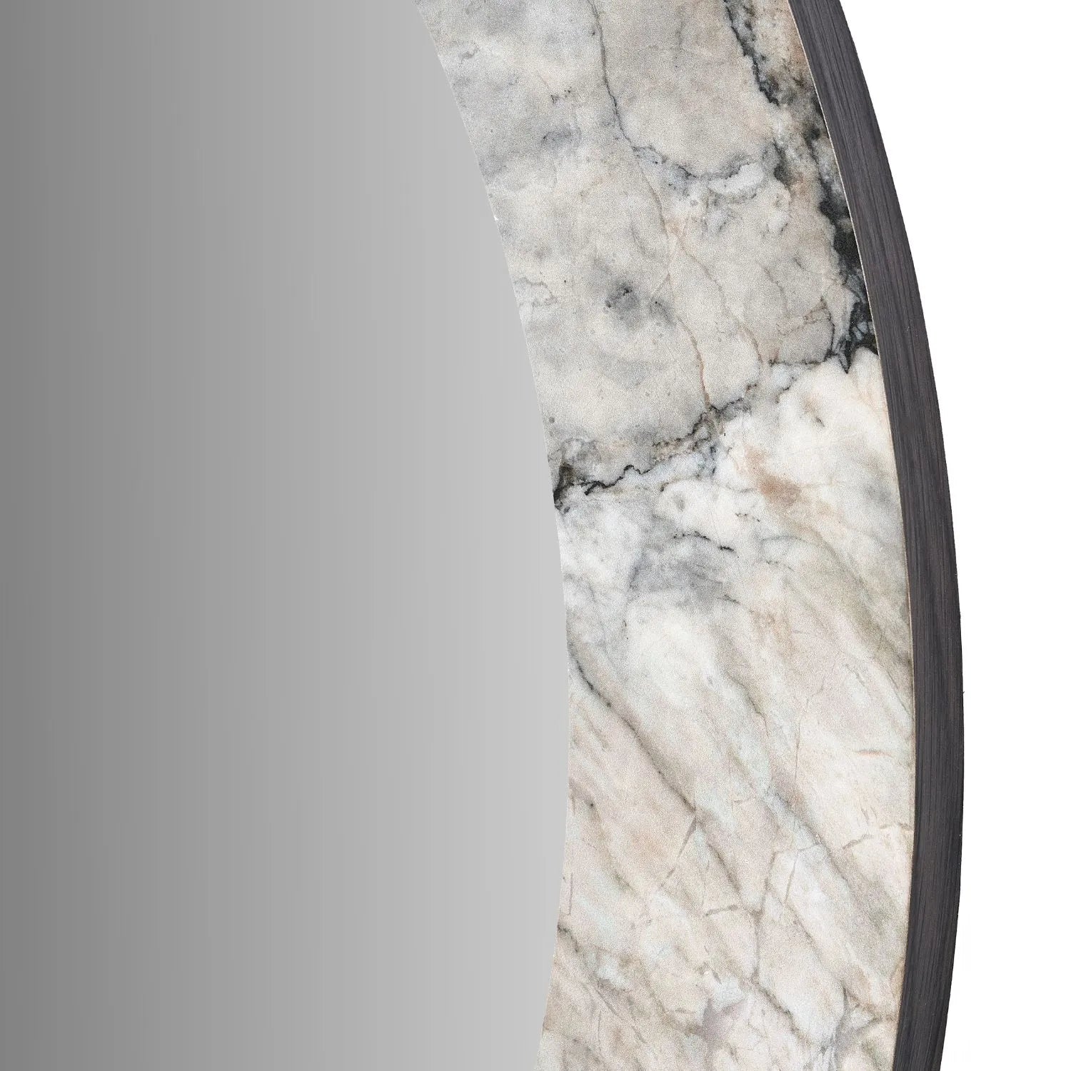 Grey Marble Effect Round Wall Mirror with Stone Veneer Frame – Contemporary Decorative Mirror Ø80xD2cm round mirror with wide marble-effect stone veneer frame in grey, charcoal and cream veining | Click Style
