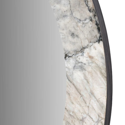 Grey Marble Effect Round Wall Mirror with Stone Veneer Frame – Contemporary Decorative Mirror Ø80xD2cm round mirror with wide marble-effect stone veneer frame in grey, charcoal and cream veining | Click Style
