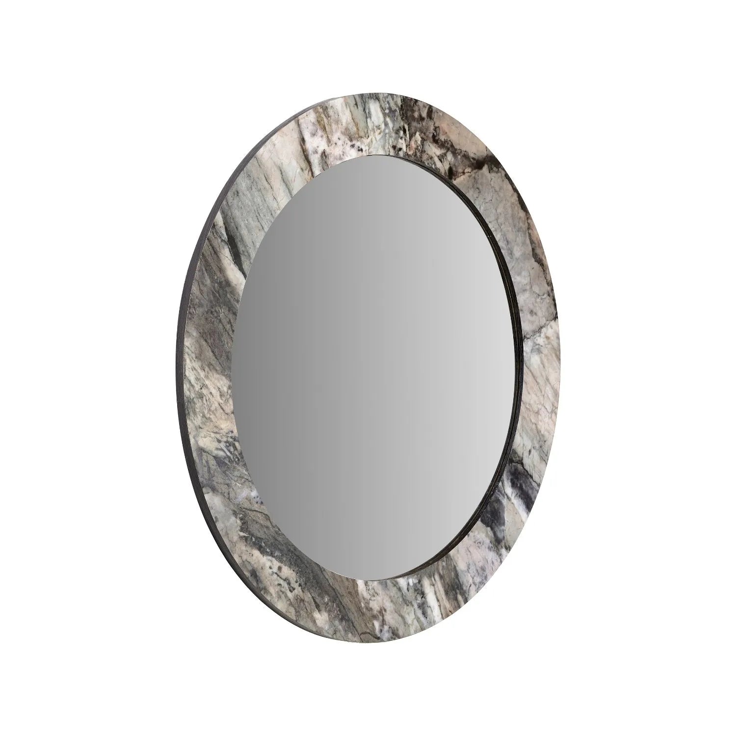 Grey Marble Effect Round Wall Mirror with Stone Veneer Frame – Contemporary Decorative Mirror Ø80xD2cm round mirror with wide marble-effect stone veneer frame in grey, charcoal and cream veining | Click Style