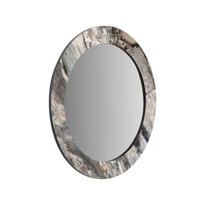 Grey Marble Effect Round Wall Mirror with Stone Veneer Frame – Contemporary Decorative Mirror Ø80xD2cm round mirror with wide marble-effect stone veneer frame in grey, charcoal and cream veining | Click Style