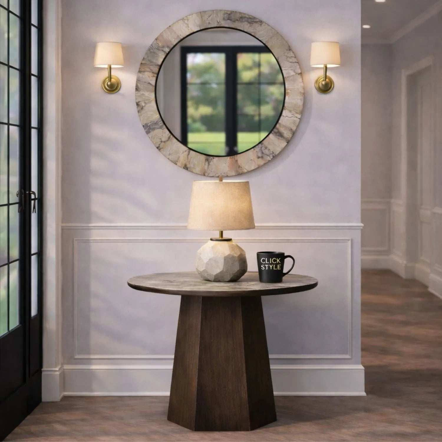 Grey Marble Effect Round Wall Mirror with Stone Veneer Frame – Contemporary Decorative Mirror Ø80xD2cm round mirror with wide marble-effect stone veneer frame in grey, charcoal and cream veining | Click Style