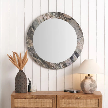 Grey Marble Effect Round Wall Mirror with Stone Veneer Frame – Contemporary Decorative Mirror Ø80xD2cm round mirror with wide marble-effect stone veneer frame in grey, charcoal and cream veining | Click Style