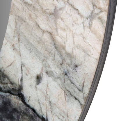 Grey Marble Effect Round Wall Mirror with Stone Veneer Frame – Contemporary Decorative Mirror Ø80xD2cm round mirror with wide marble-effect stone veneer frame in grey, charcoal and cream veining | Click Style