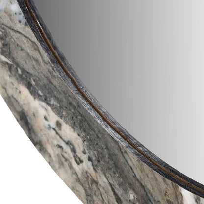 Grey Marble Effect Round Wall Mirror with Stone Veneer Frame – Contemporary Decorative Mirror Ø80xD2cm round mirror with wide marble-effect stone veneer frame in grey, charcoal and cream veining | Click Style