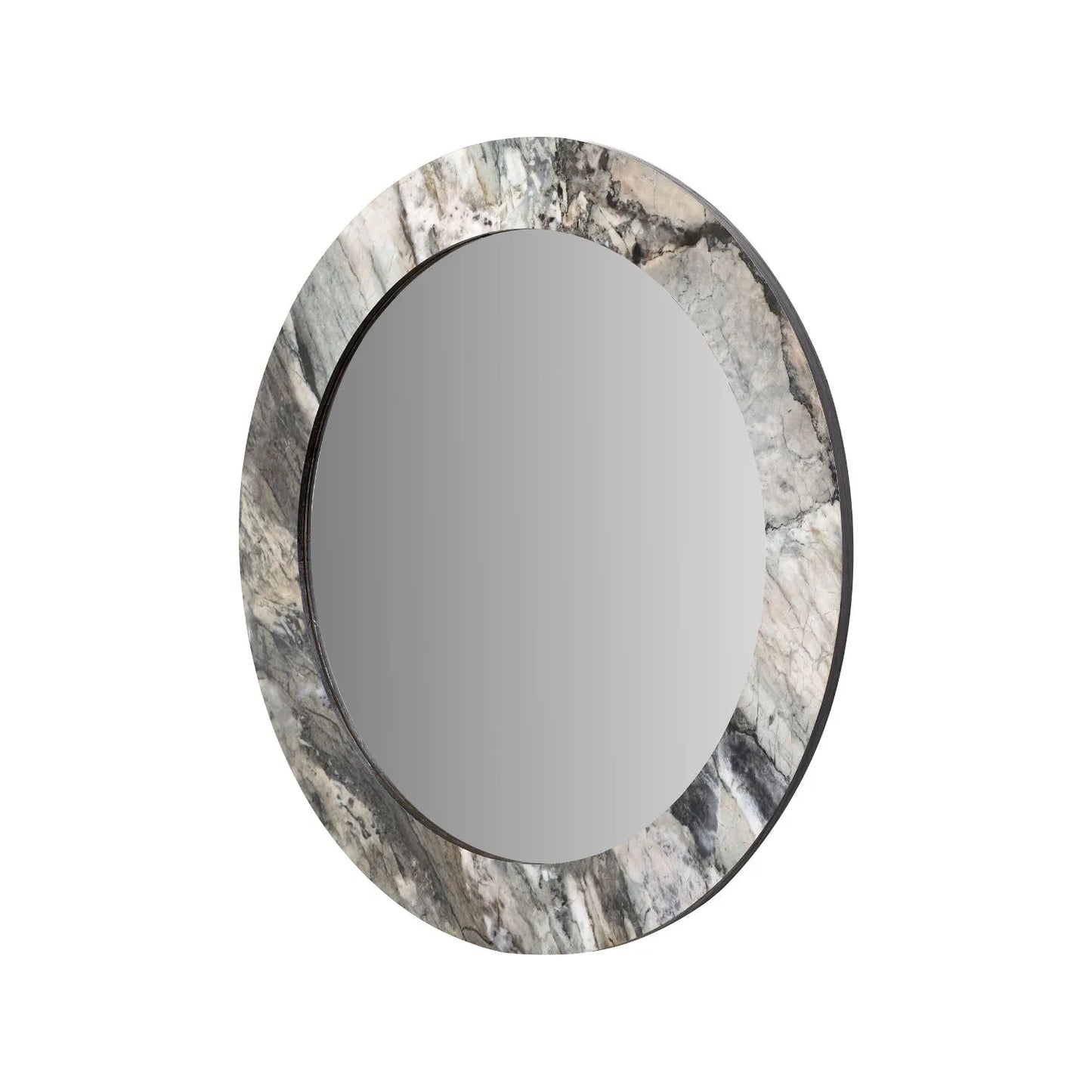 Grey Marble Effect Round Wall Mirror with Stone Veneer Frame – Contemporary Decorative Mirror Ø80xD2cm round mirror with wide marble-effect stone veneer frame in grey, charcoal and cream veining | Click Style