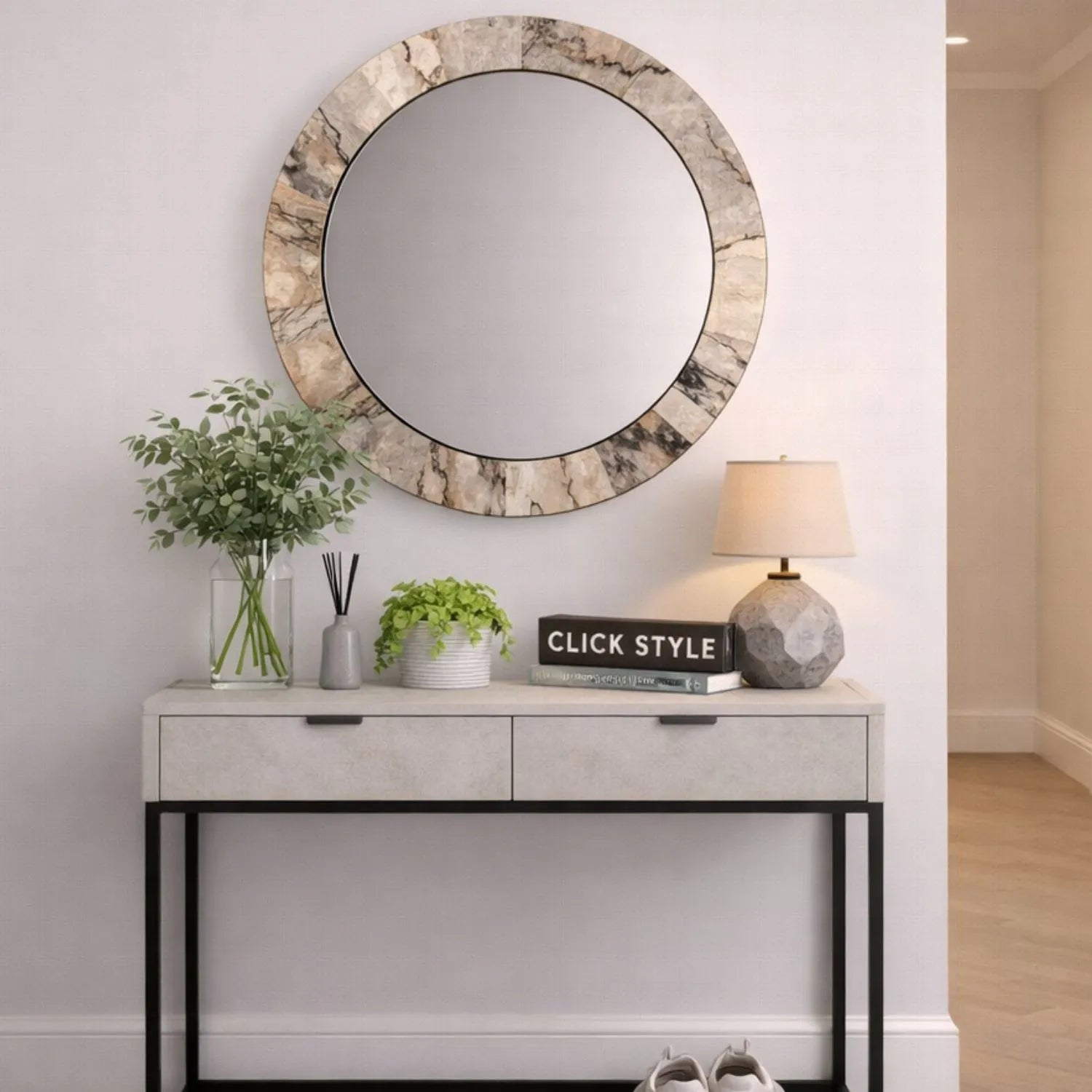 Grey Marble Effect Round Wall Mirror with Stone Veneer Frame – Contemporary Decorative Mirror Ø80xD2cm round mirror with wide marble-effect stone veneer frame in grey, charcoal and cream veining | Click Style