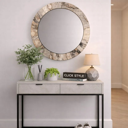 Grey Marble Effect Round Wall Mirror with Stone Veneer Frame – Contemporary Decorative Mirror Ø80xD2cm round mirror with wide marble-effect stone veneer frame in grey, charcoal and cream veining | Click Style