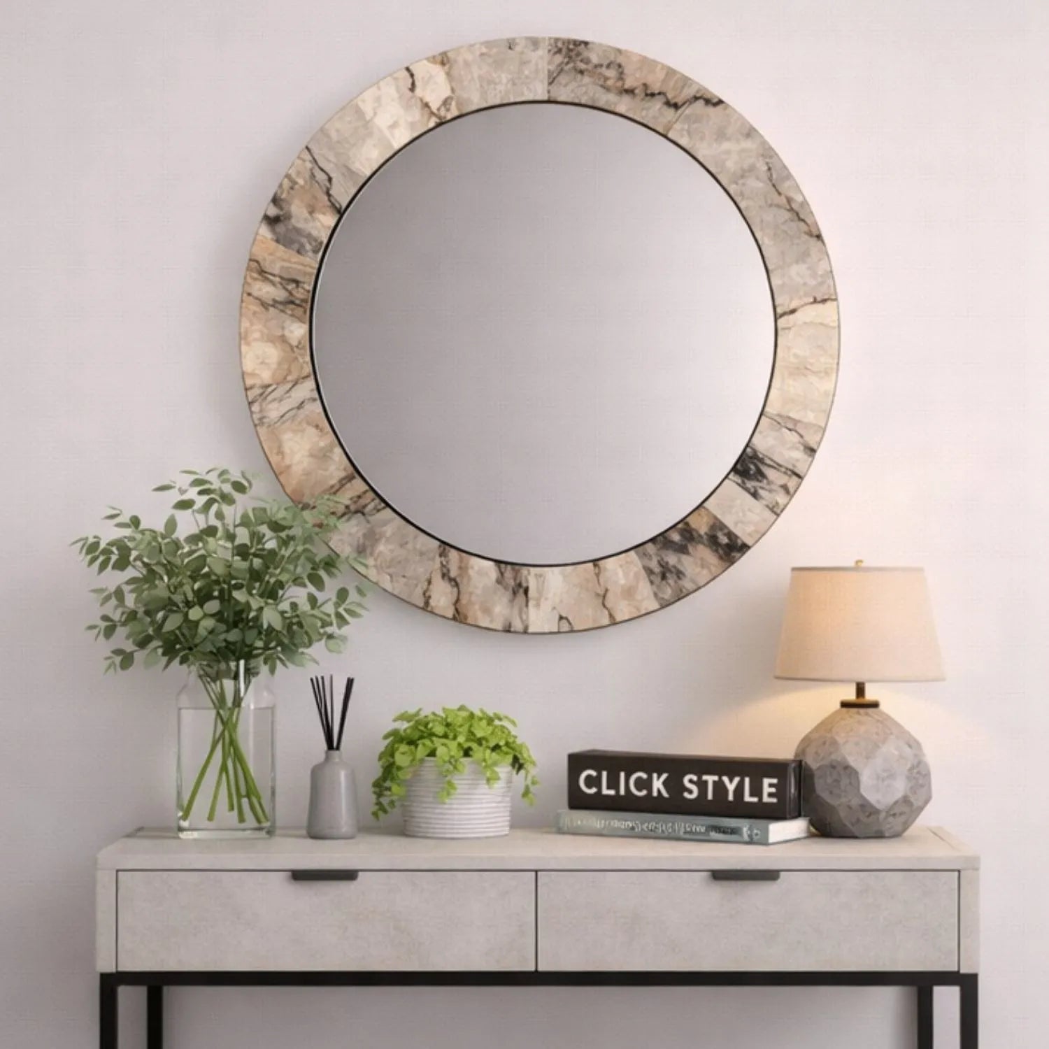 Grey Marble Effect Round Wall Mirror with Stone Veneer Frame – Contemporary Decorative Mirror Ø80xD2cm round mirror with wide marble-effect stone veneer frame in grey, charcoal and cream veining | Click Style