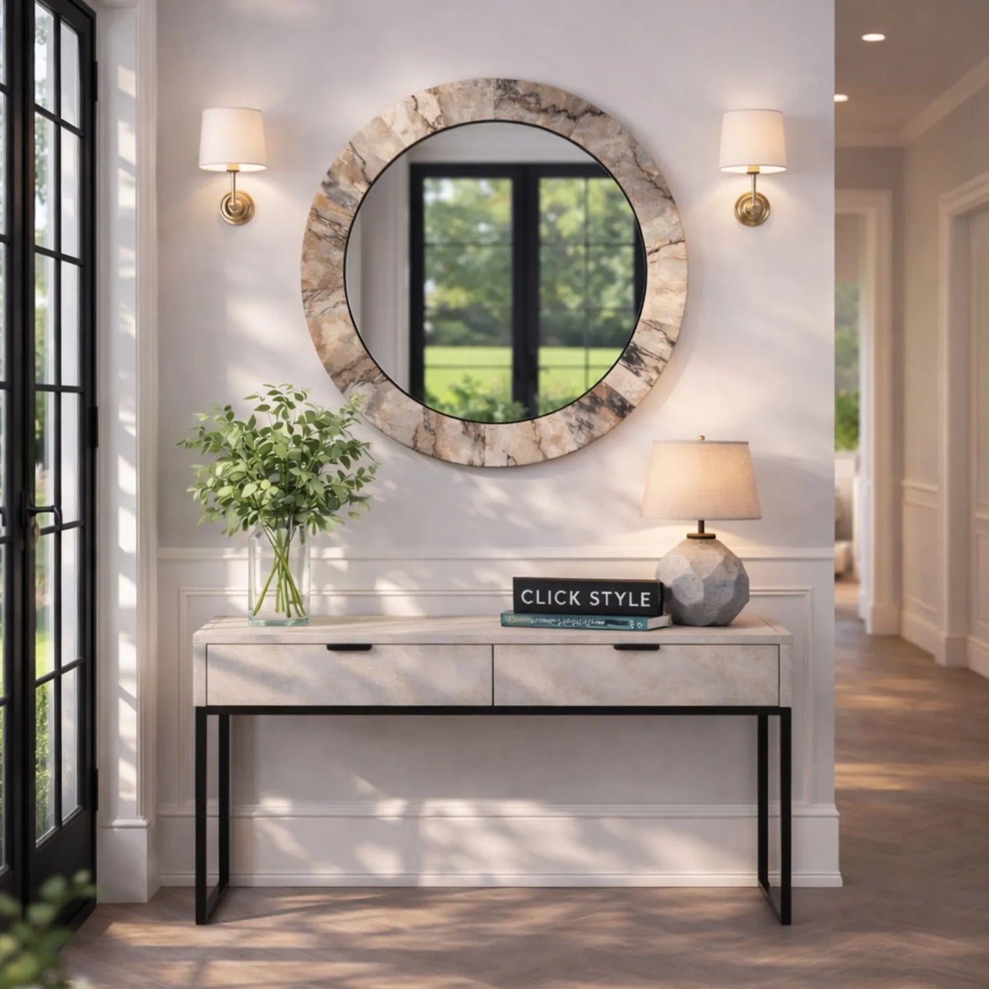 Grey Marble Effect Round Wall Mirror with Stone Veneer Frame – Contemporary Decorative Mirror Ø80xD2cm round mirror with wide marble-effect stone veneer frame in grey, charcoal and cream veining | Click Style