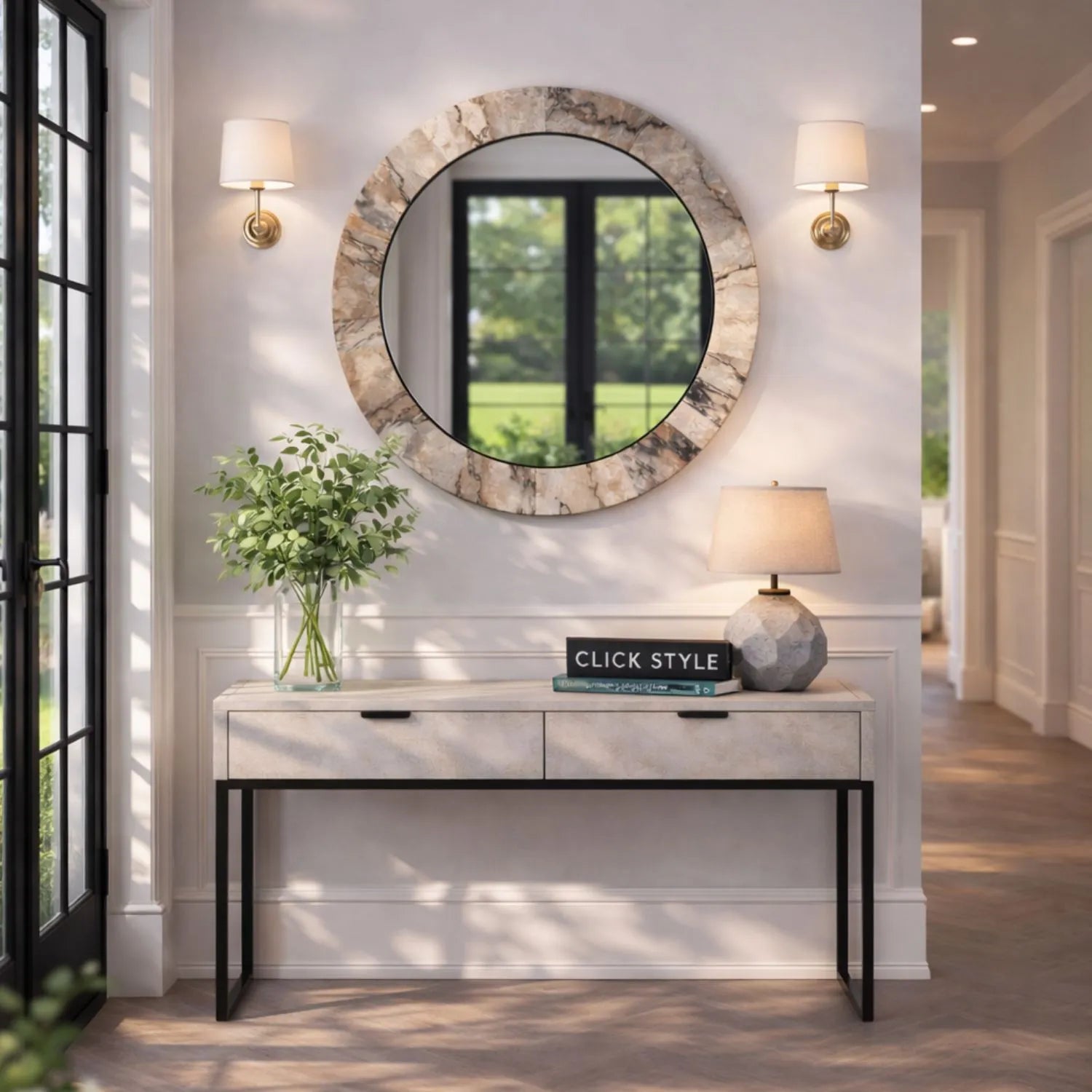 Grey Marble Effect Round Wall Mirror with Stone Veneer Frame – Contemporary Decorative Mirror Ø80xD2cm round mirror with wide marble-effect stone veneer frame in grey, charcoal and cream veining | Click Style
