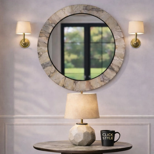 Grey Marble Effect Round Wall Mirror with Stone Veneer Frame – Contemporary Decorative Mirror Ø80xD2cm round mirror with wide marble-effect stone veneer frame in grey, charcoal and cream veining | Click Style