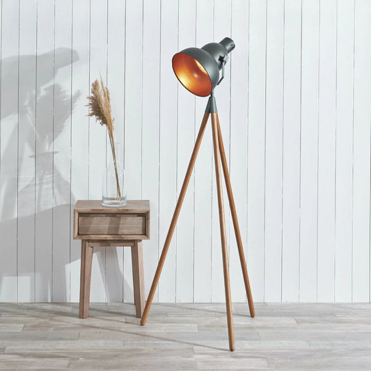 Grey Metal & Wood Tripod Film Floor Lamp – Adjustable Movie-Style Spotlight with Copper Interior Shade 163.5x70cm - Click Style