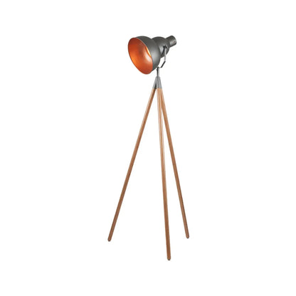 Grey Metal & Wood Tripod Film Floor Lamp – Adjustable Movie-Style Spotlight with Copper Interior Shade 163.5x70cm - Click Style