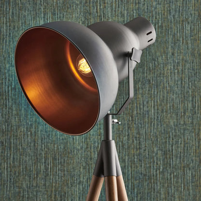 Grey Metal & Wood Tripod Film Floor Lamp – Adjustable Movie-Style Spotlight with Copper Interior Shade 163.5x70cm - Click Style