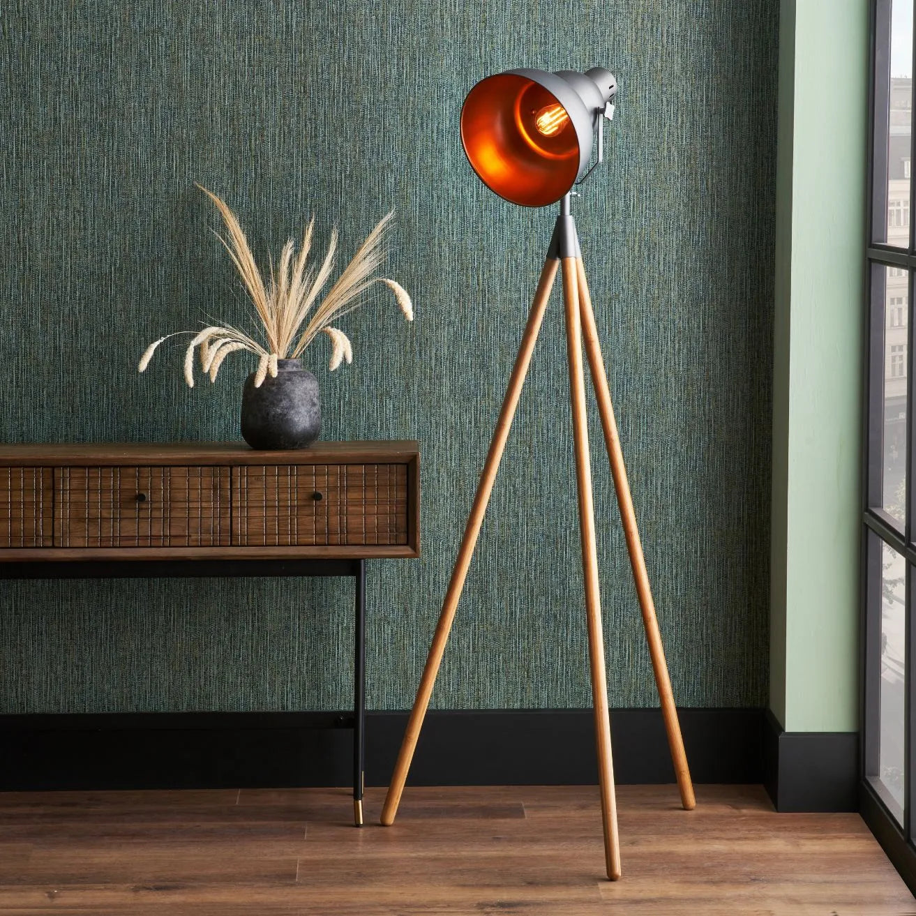 Grey Metal & Wood Tripod Film Floor Lamp – Adjustable Movie-Style Spotlight with Copper Interior Shade 163.5x70cm - Click Style