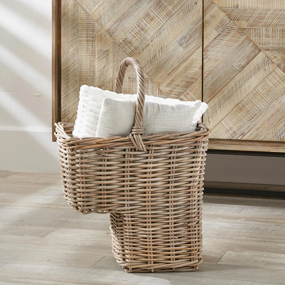 Grey Rattan Kubu Stair Basket with Handle – Decorative Storage for Home Organisation 40x41cm - Click Style