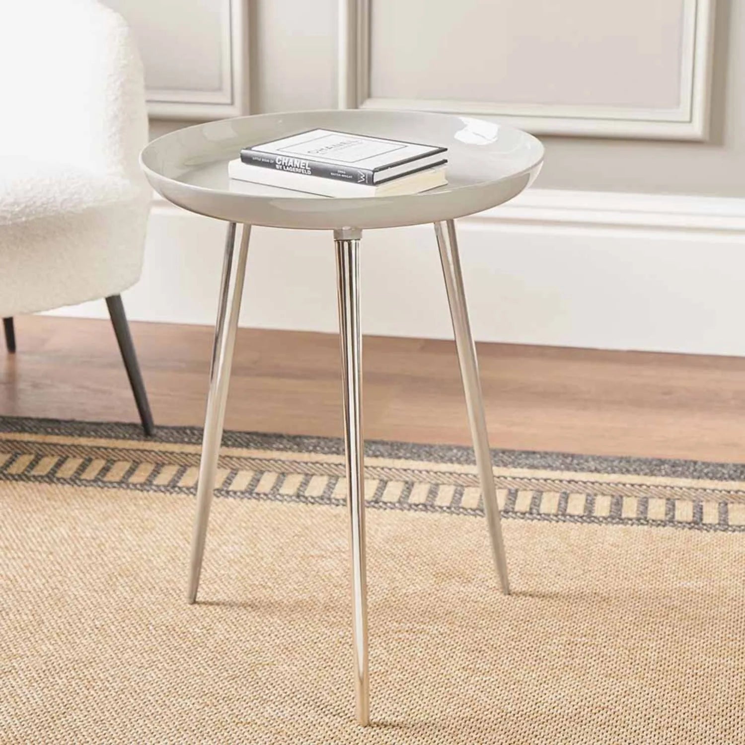 Grey Round Tripod Enamel Side Table with Silver Metal Legs – Modern Accent Table 58x44x44cm - Click Style