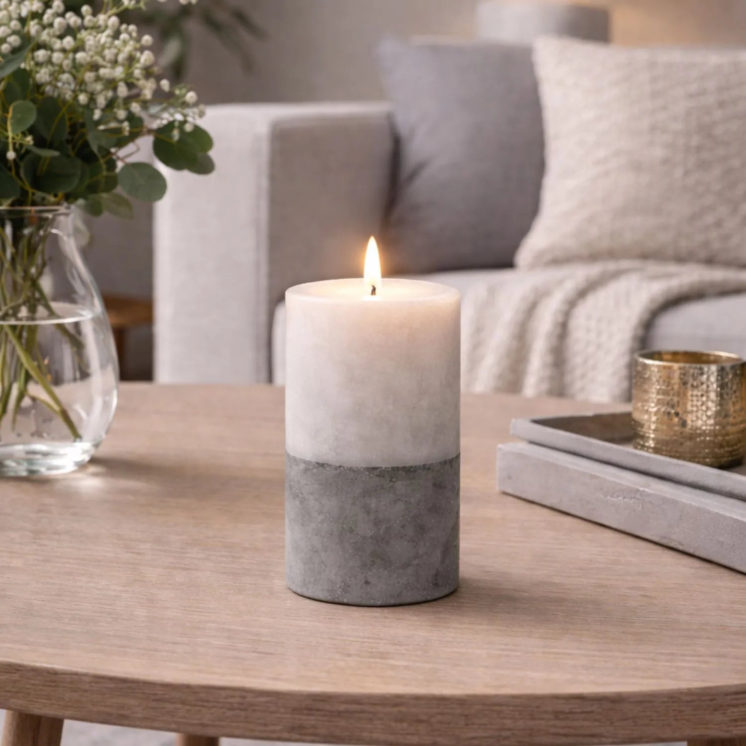 Grey Stone-Effect LED Pillar Candle with Flickering Flame, Batteries Included and Built-In Timer 15x7.5cm | Click Style