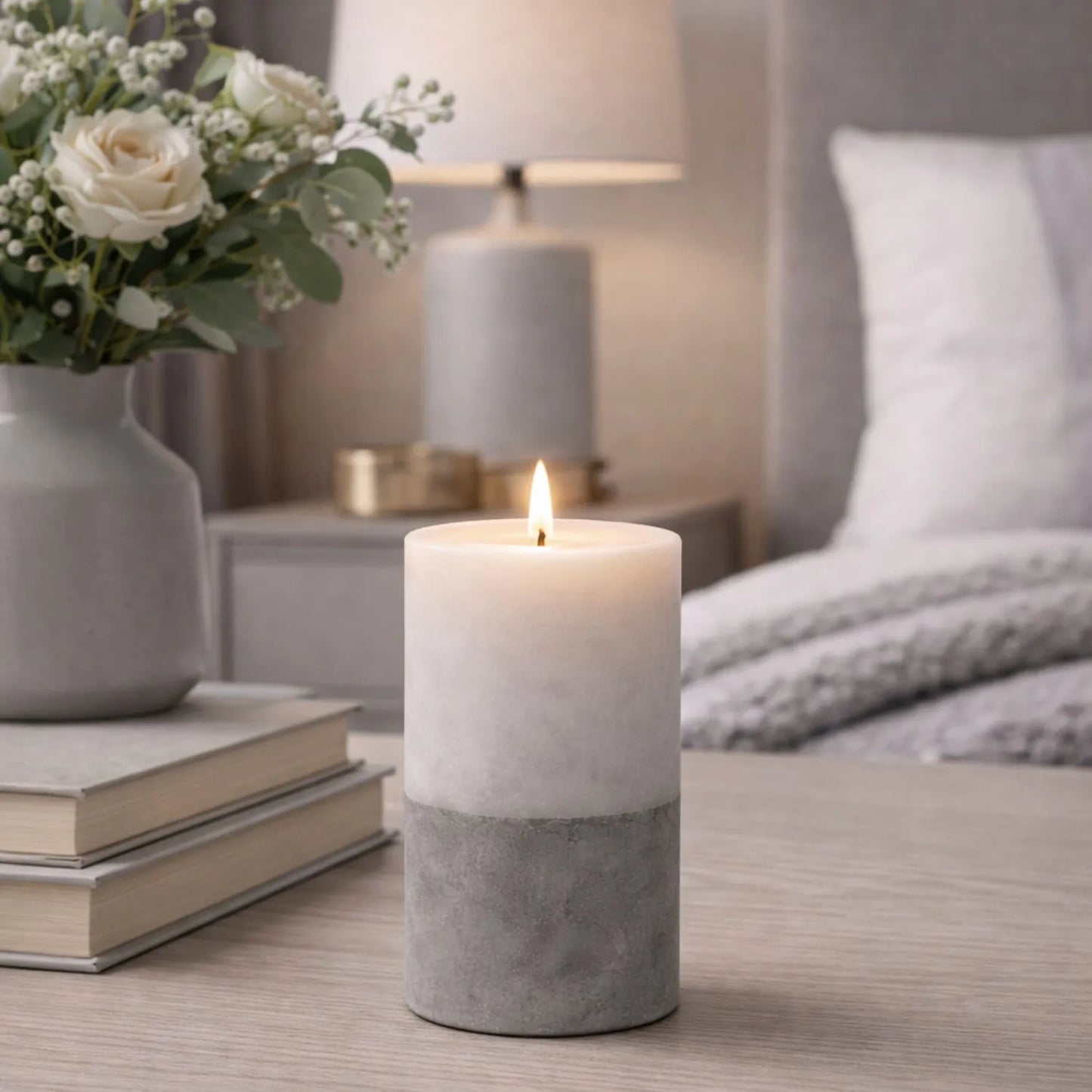 Grey Stone-Effect LED Pillar Candle with Flickering Flame, Batteries Included and Built-In Timer 15x7.5cm | Click Style