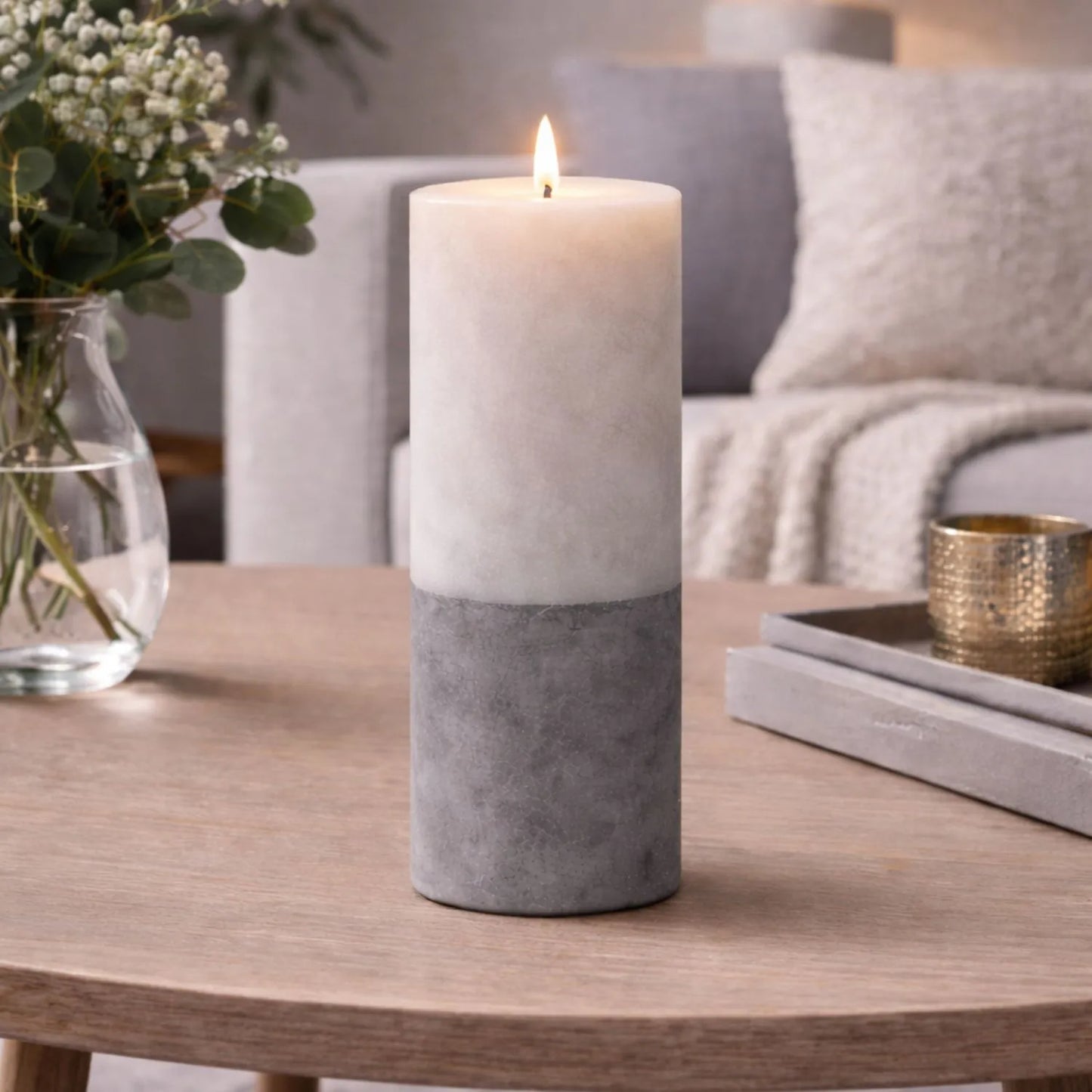 Grey Stone-Effect LED Pillar Candle with Flickering Flame, Batteries Included and Built-In Timer 20x7.5cm | Click Style