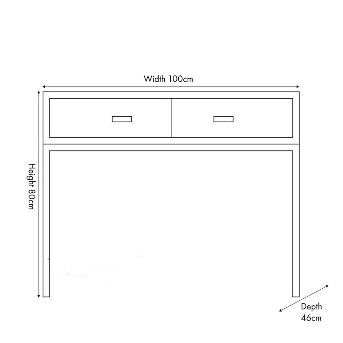 Grey Wash Mango Wood 2 Drawer Dressing Table & Desk with Silver Metal Handles & Legs 81x100x46cm front view dimension drawing | Click Style