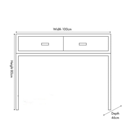 Grey Wash Mango Wood 2 Drawer Dressing Table & Desk with Silver Metal Handles & Legs 81x100x46cm front view dimension drawing | Click Style