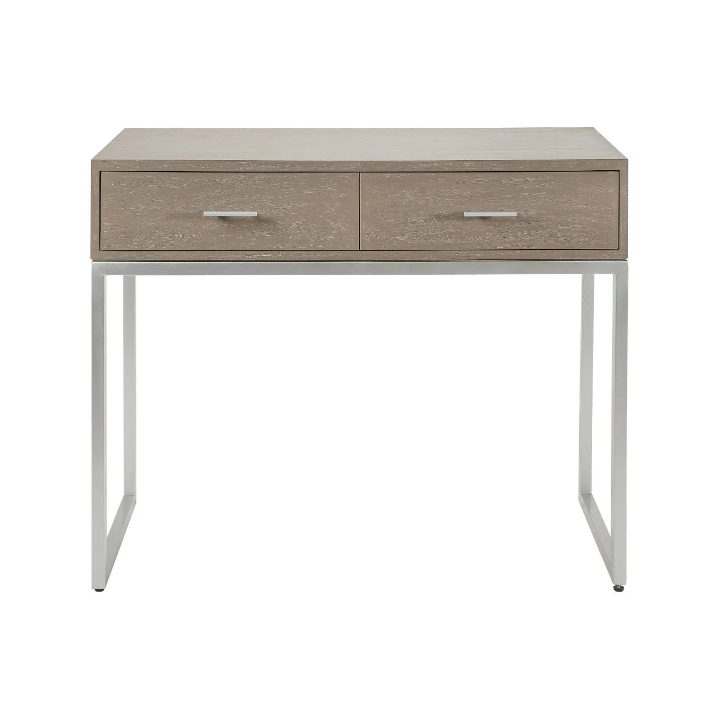 Grey Wash Mango Wood 2 Drawer Dressing Table & Desk with Silver Metal Handles & Legs 81x100x46cm front view | Click Style