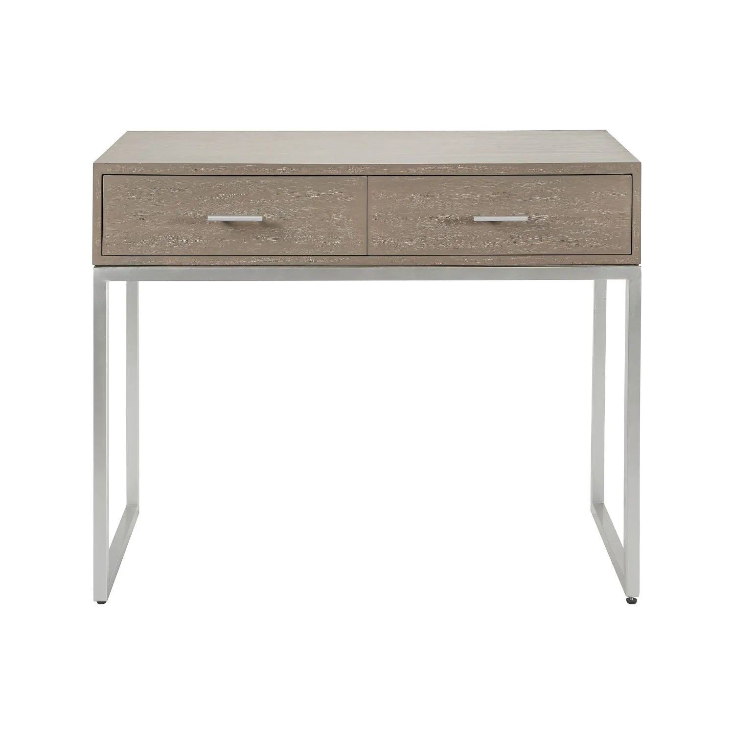 Grey Wash Mango Wood 2 Drawer Dressing Table & Desk with Silver Metal Handles & Legs 81x100x46cm front view | Click Style