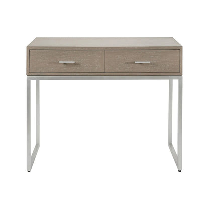 Grey Wash Mango Wood 2 Drawer Dressing Table & Desk with Silver Metal Handles & Legs 81x100x46cm front view | Click Style