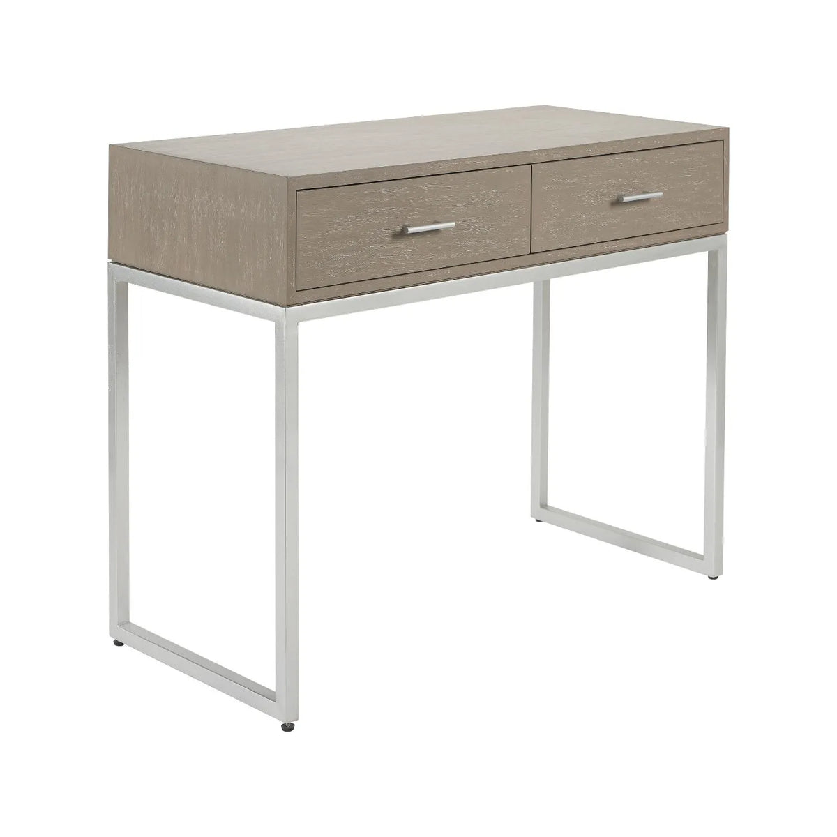 Grey Wash Mango Wood 2 Drawer Dressing Table & Desk with Silver Metal Handles & Legs 81x100x46cm front and side view angled to the right | Click Style