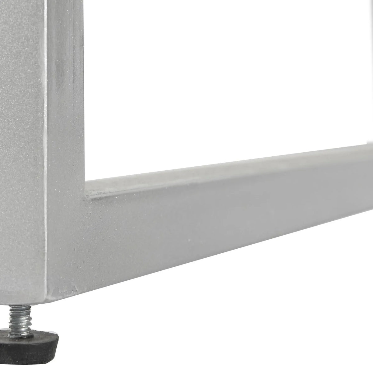 Grey Wash Mango Wood 2 Drawer Dressing Table & Desk with Silver Metal Handles & Legs 81x100x46cm close-up of silver metal leg and black adjustable foot | Click Style